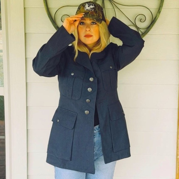 Vintage 1969 Mid Century Military Dark Blue Utility Coat • Silver Buttons - S/M - Picture 2 of 10